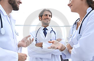 Group of medicine doctors talking during conference, bottom view