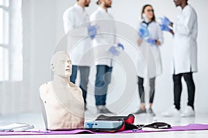 Group of medics during the first aid training indoors