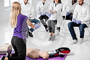 Group of medics during the first aid training indoors