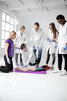 Group of medics during the first aid training indoors