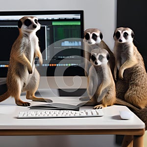A group of meerkats collaborating on a video editing project with mini editing software on a computer1