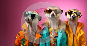 Group of meerkats in funky Wacky wild mismatch colourful outfits isolated on bright background advertisement