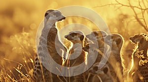 A group of meerkats huddled together in the early morning light their silhouettes highlighted by the sunrise