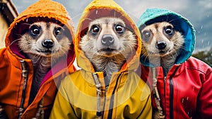 Group of meerkats wearing of colored coats and hoods