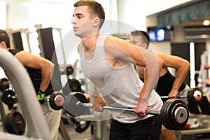 Group of men with barbells in gym