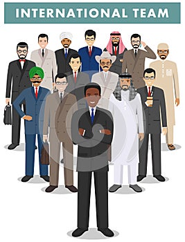 Group of men businessmen standing together on white background in flat style. Business team and teamwork concept