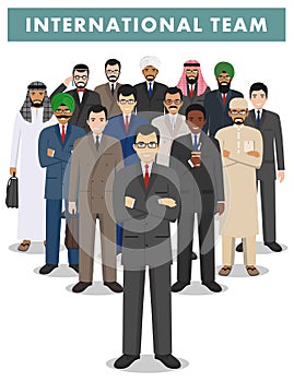 Group of men businessmen standing together on white background in flat style. Business team and teamwork concept