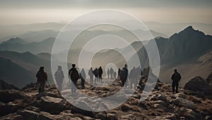 A group of men hiking up a mountain peak at sunset generated by AI