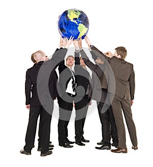 Group of men holding a terrestrial globe photo
