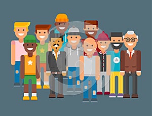 Group of men portrait different nationality friendship character team happy people young guy person vector illustration.