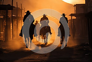 A group of men riding horses down a dirt road. Generative AI image.