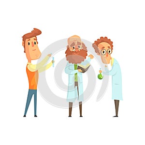 Group of men scientists in laboratory. Funny chemist, physicist and biologist characters in flat style