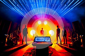 Group of men standing on top of stage next to microphone. Generative AI