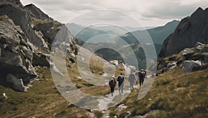 A group of men and women hiking up a mountain peak generated by AI