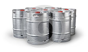 Group of metal beer kegs isolated on white background with clipping path included. 3D render.