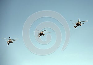 A group of Mi-28N attack helicopters `Night Hunter` over Red Square during the Victory Day parade.