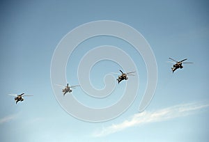 A group of Mi-28N attack helicopters `Night Hunter` over Red Square during the Victory Day parade.
