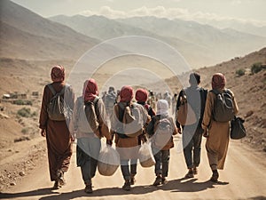 A group of migrants with children walk along a dusty road.