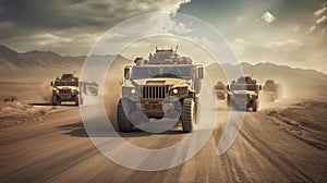 A group of military vehicles drive down a dusty road. Generative AI