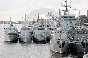 Group of millitary ships in Riga sea port