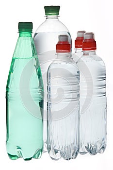 Group of mineral soda water bottles