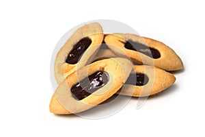 mini tartlets with strawberry jam on white background