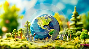 Group of miniature people holding hands around blue and green earth globe. Generative AI