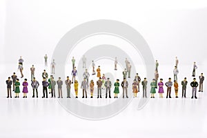 Group of miniature people over white background standing in line