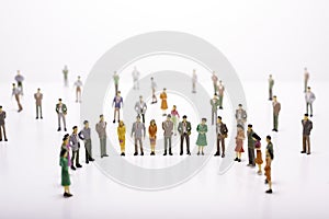 Group of miniature people over white background standing in line