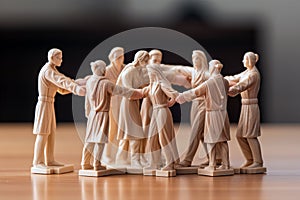 Group of miniature people standing on wooden table. Teamwork concept