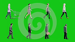 Group of Mixed 3D People Walking on Green Screen in Side View