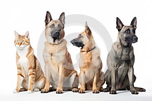 Group of mixed breed dogs and cat sitting in a row on white background. Domestic Animal Banner concept. Generative AI