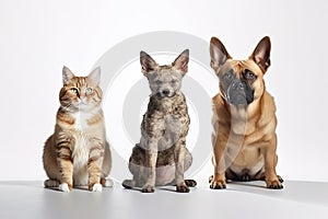 Group of mixed breed dogs and cat sitting in a row on white background. Domestic Animal Banner concept. Generative AI