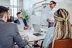 Group of mixed business people having a meeting using a white board in bright office space