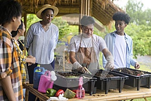 Group of mixed race students and teacher learning agriculture  technology in smart farming , education ecology agricultural