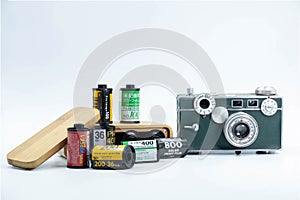 Group of 35mm Negative films : Fujifilm ,Kodak , Agfa ,Lomography and Argus C3 American Camera and The Wooden Film Case