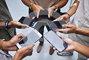 Group, mockup phone screen and circle of people with mobile app, multimedia network and contact from above. Closeup