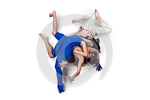 The group of modern dancers, art contemp dance, blue and white combination of emotions