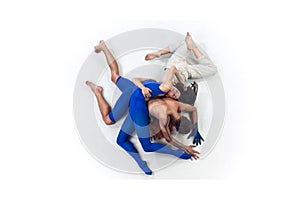 The group of modern dancers, art contemp dance, blue and white combination of emotions