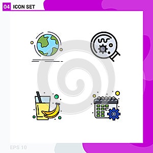 Group of 4 Modern Filledline Flat Colors Set for globe, banana, connection, laboratory, fruit