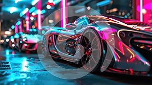 A group of modern luxury cars their metallic bodies shimmering under the glowing neon signs of their respective brands photo
