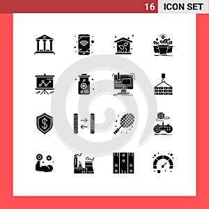 Group of 16 Modern Solid Glyphs Set for graph, tree, house, pot, money