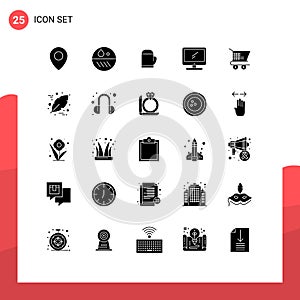 Group of 25 Modern Solid Glyphs Set for trolley ecommerce, pc, microwave, imac, monitor photo