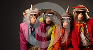 Group of monkey in funky Wacky wild mismatch colourful outfits isolated on bright background advertisement