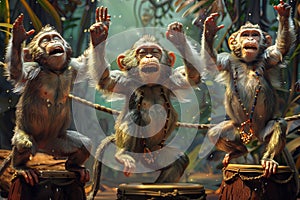 A group of monkeys having a dance party in the rainforest, Generative AI