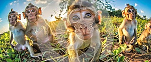 A group of monkeys perched atop a dry grassy area, sitting and observing their surroundings