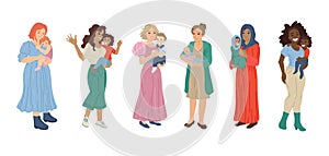 Group of mothers with babies. Vector cartoon illustration