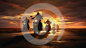 Group of motorcycle riders riding toghether at sunset