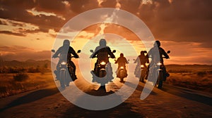 Group of motorcycle riders riding toghether at sunset created with Generative AI