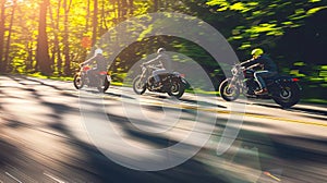 a group of motorcycle riding on the road together, speeding and overtaking, summer activity